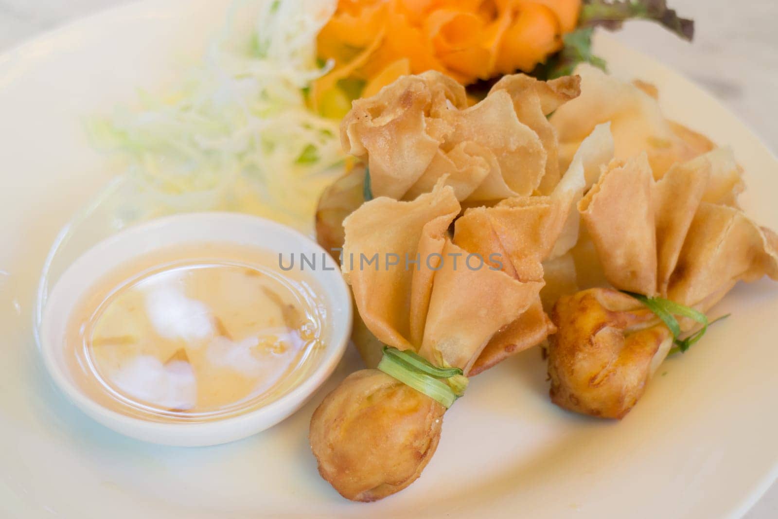 Deep fried dumpling bags local Thai cuisine, stock photo