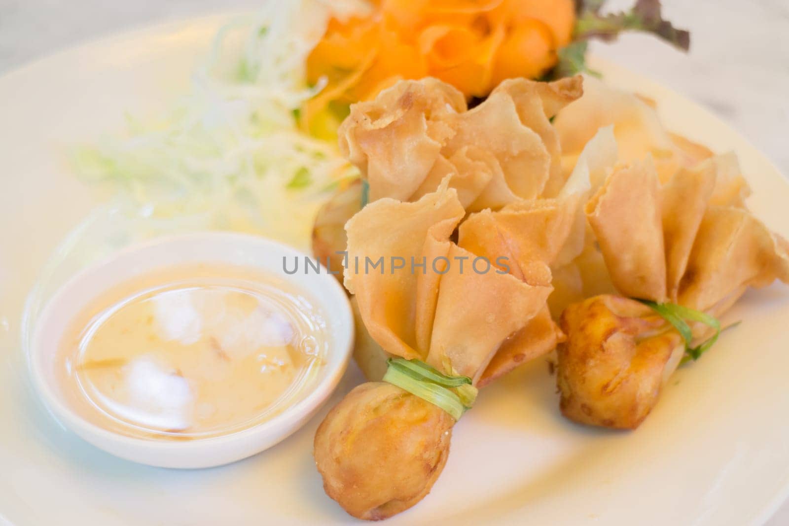 Deep fried dumpling bags local Thai cuisine, stock photo