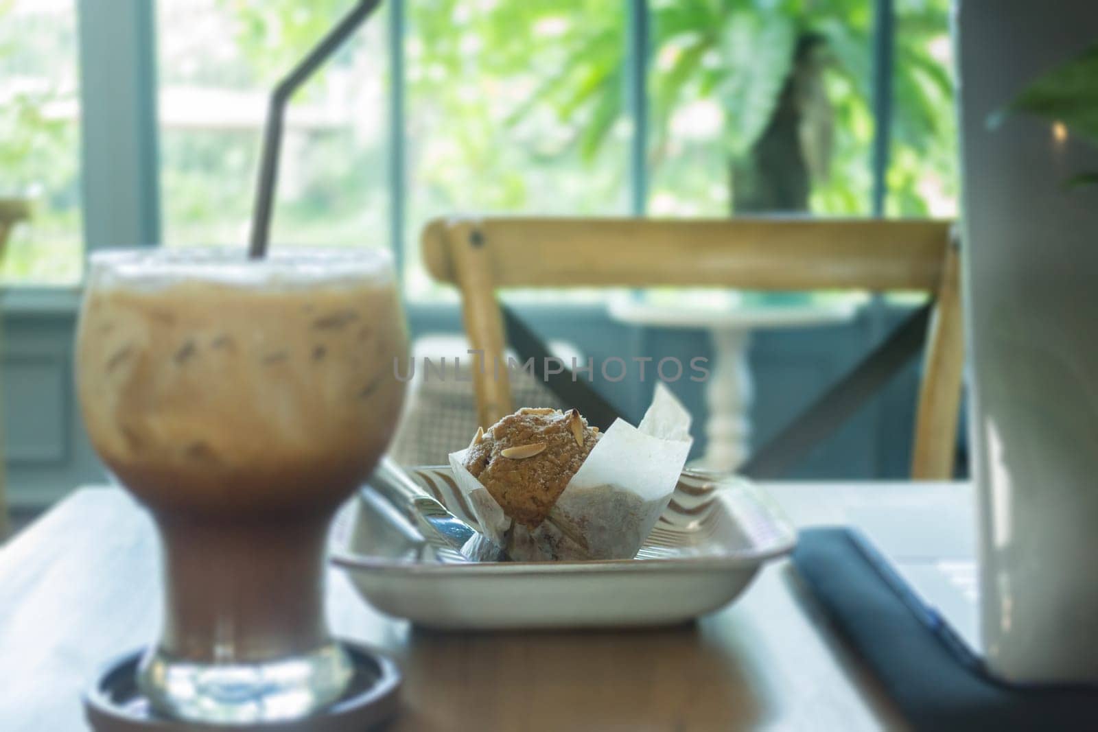 Blueberry muffin and iced coffee mocha, stock photo
