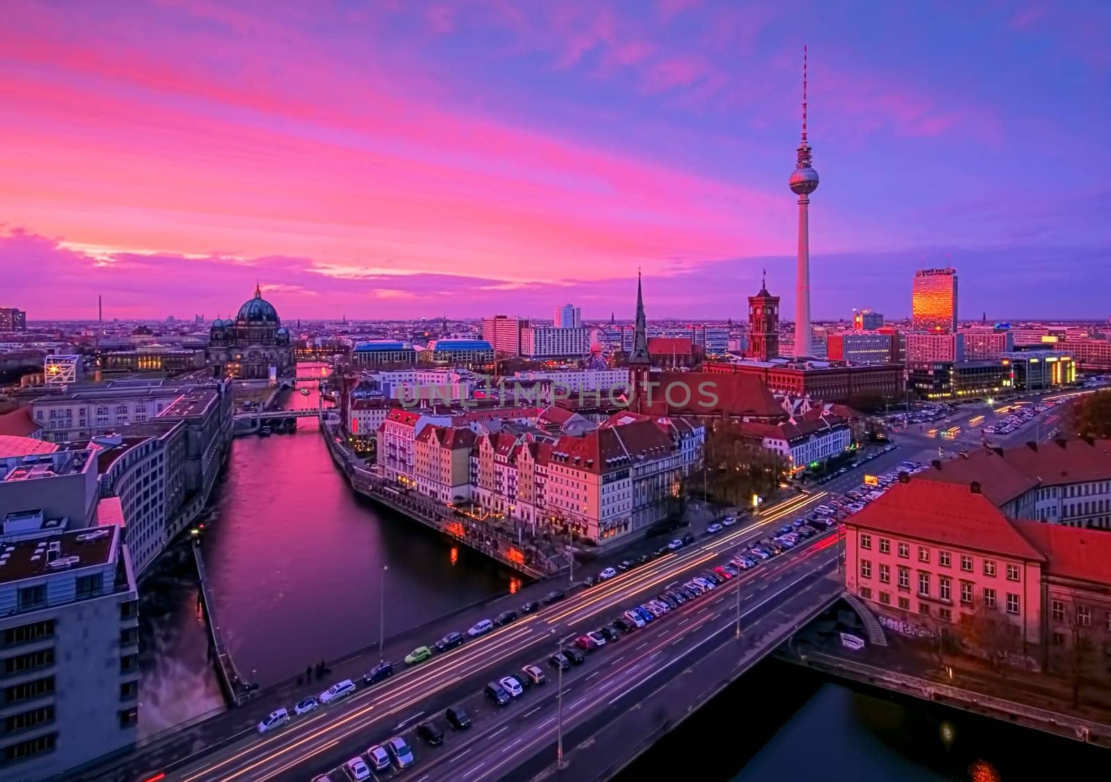 Berlin by night with TV tower and cathedral