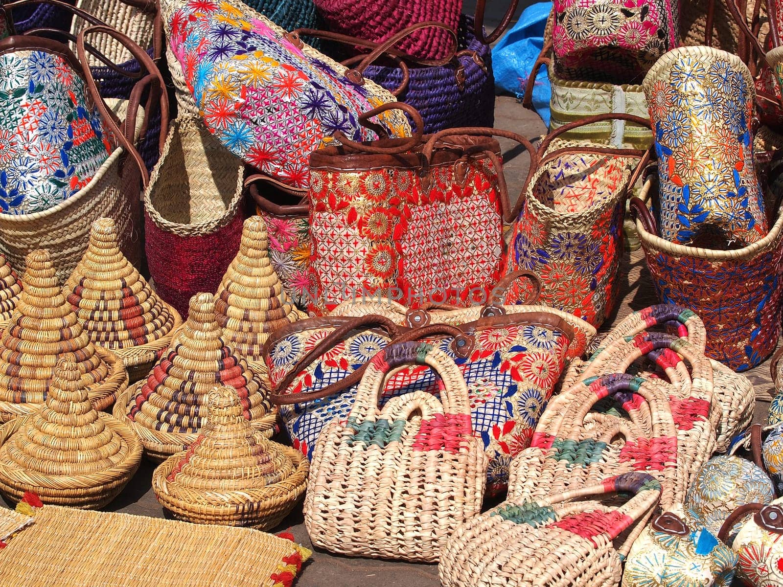 hand made bags and baskets on the open market in marrakech ,Marocco