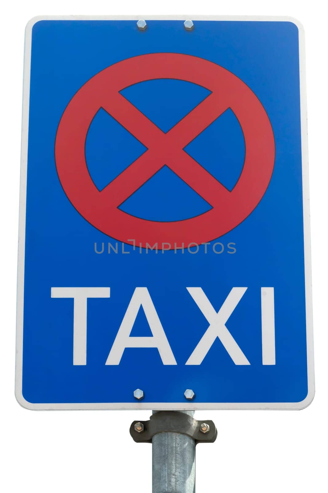 No stopping sign at the taxi rank exposed on a white background