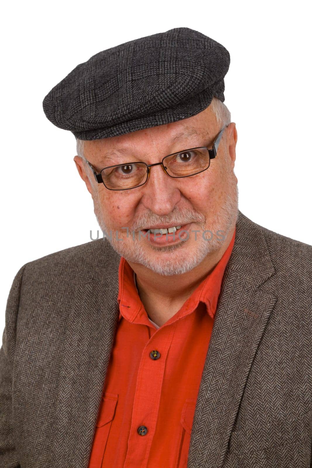 Portrait of a senior citizen with glasses and sliding cap exposed on a white background