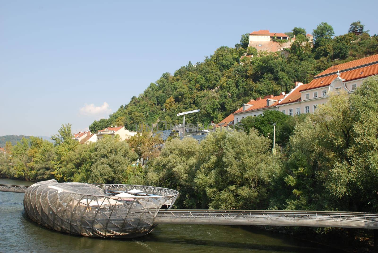 Mur Schlossberg River Murinsel Graz Styria Austria Austria Schlossbergbahn Fortress Bridge European Capital of Culture 2003 Old Town