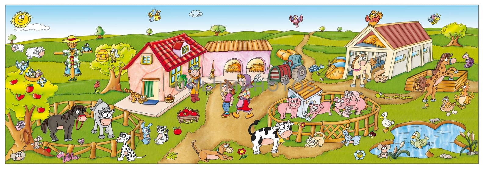 Farm animals with peasants and agricultural objects