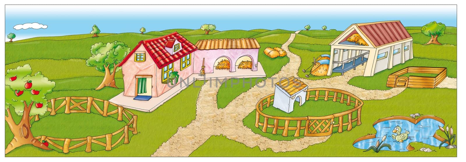 Farm animals with peasants and agricultural objects