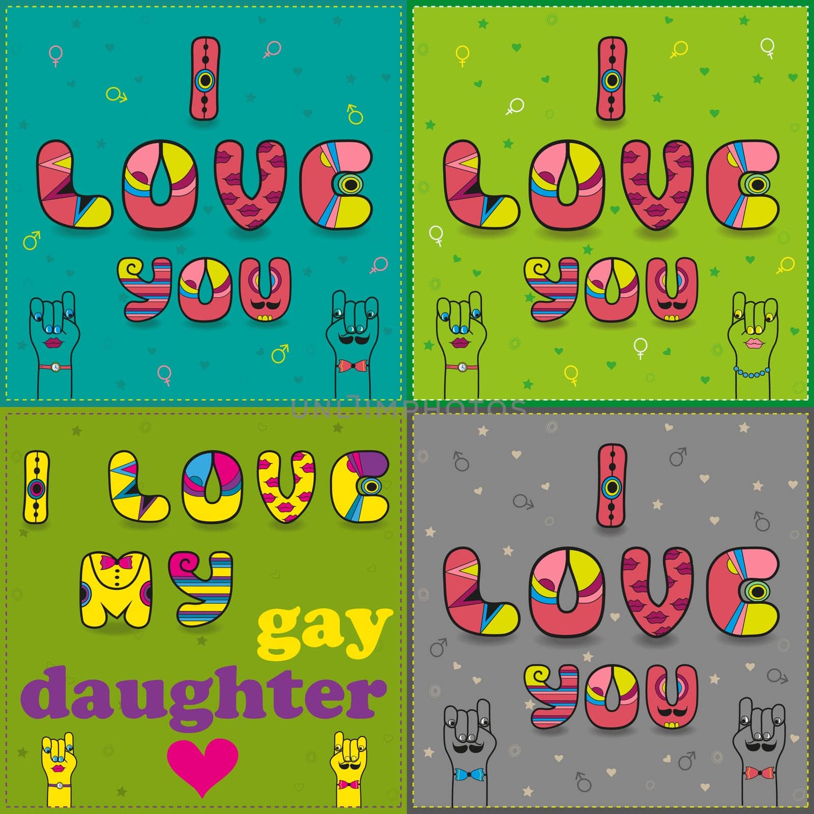 Set of cards with romantic inscriptions by artistic font. I love you - for heterosexual and homosexual couples. I love my gay daughter. Cartoon hands looking at each other. illustration.