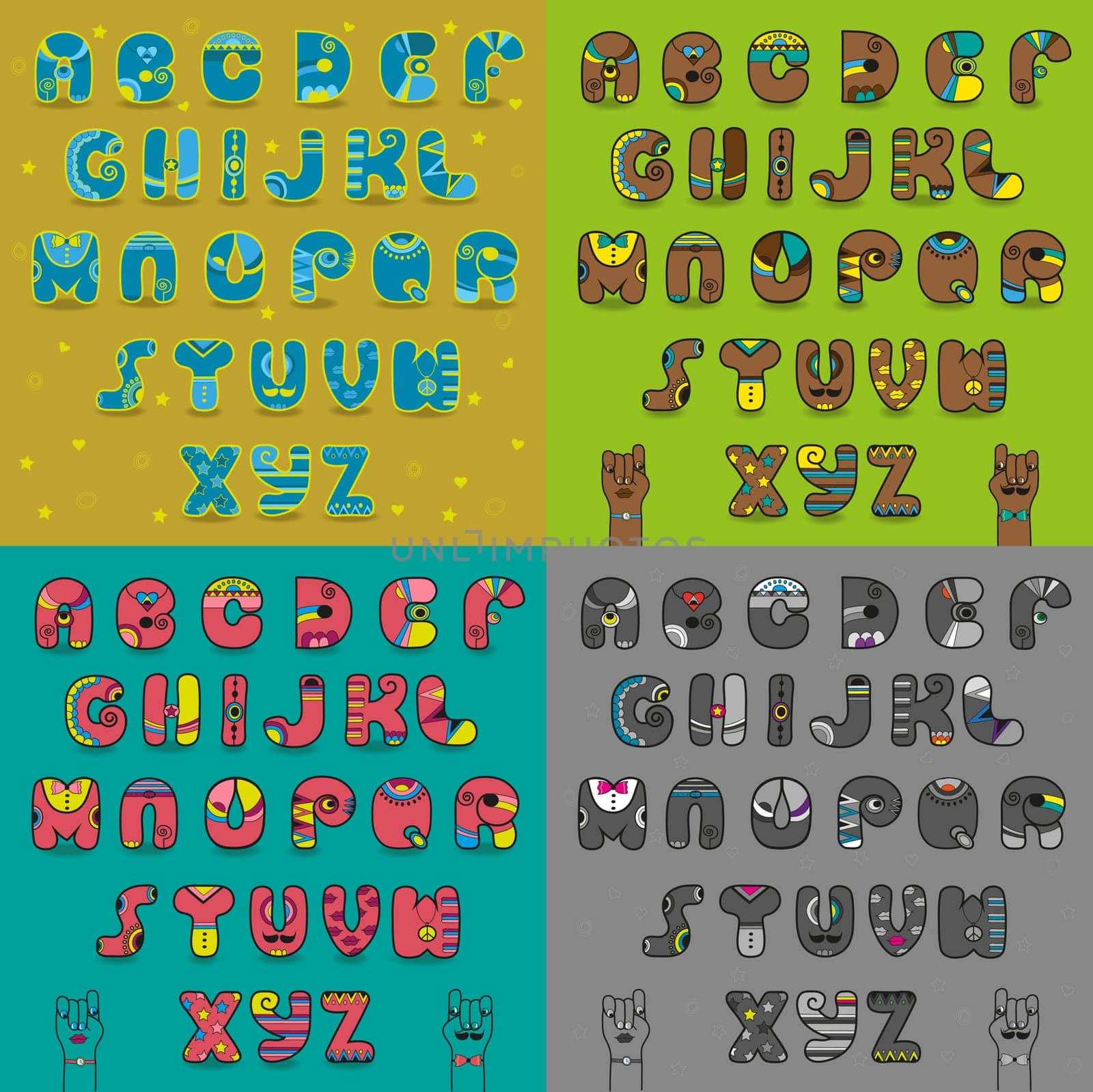 Vintage artistic alphabets. Blue, brown, pink and gray unusual fonts. Cartoon hands looking at each other. illustration