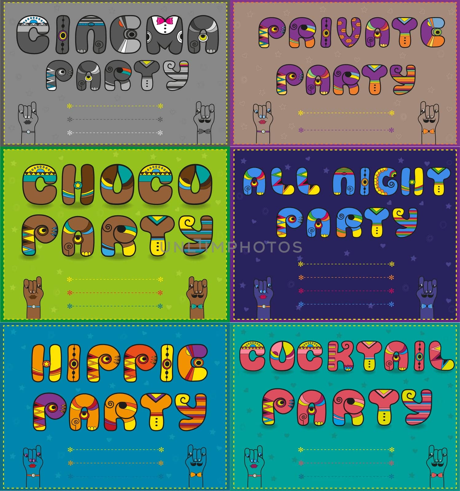 Invitations to party. Vintage artistic font. Cinema party. Private party. Choco party. All night party. Hippie party. Coctail party. Place for custom text. Illustration