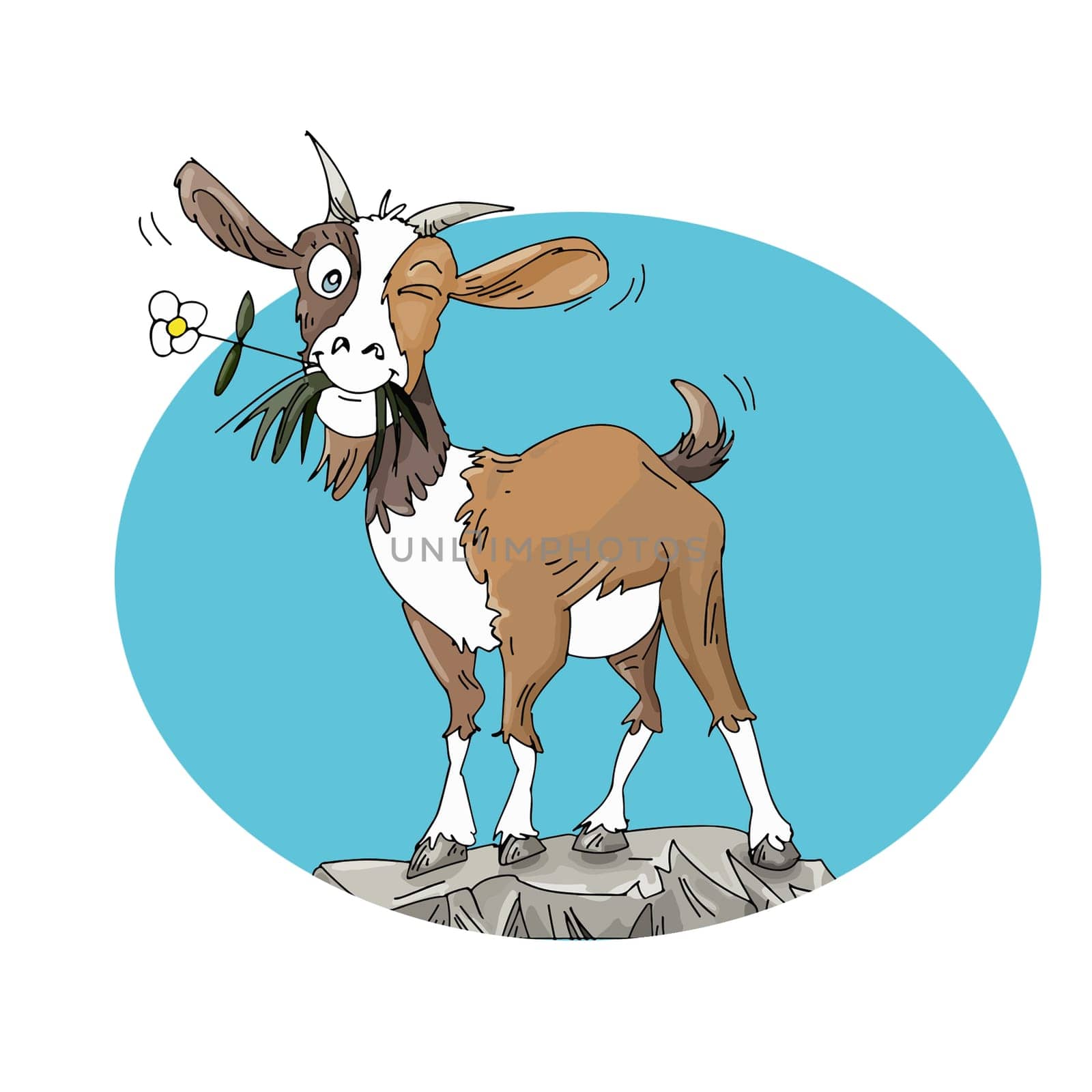 A small goat with a flower in his mouth over a rock