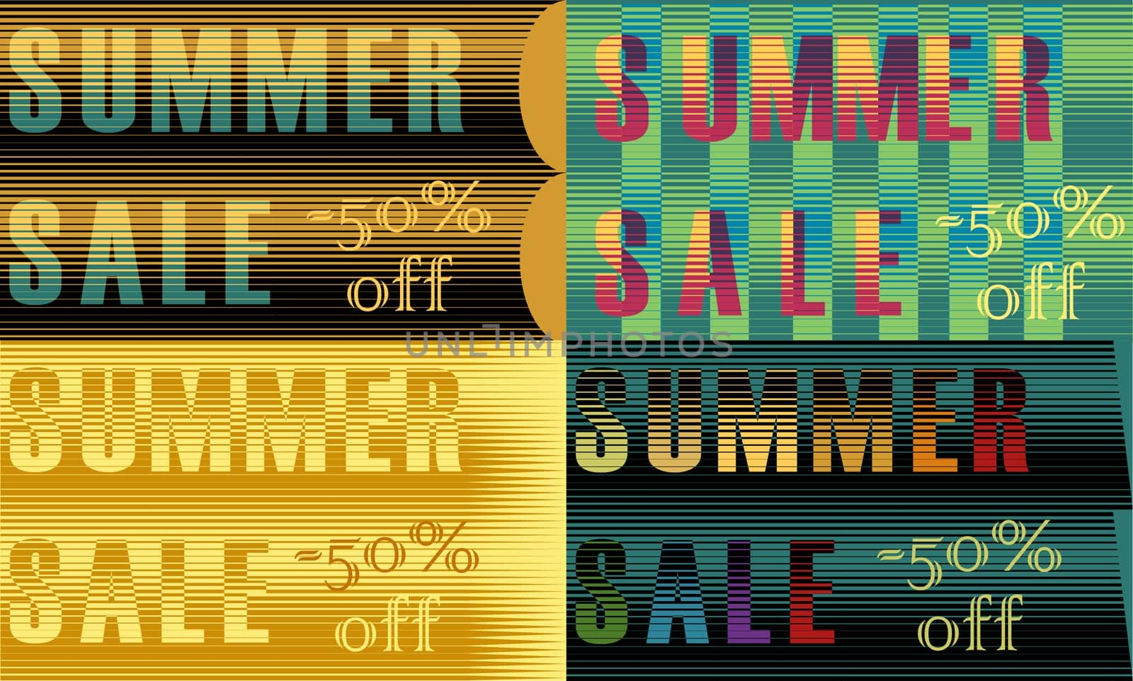 Cards with inscriptions for retail. Striped artistic font. Summer sale. Fifty percents off. illustration