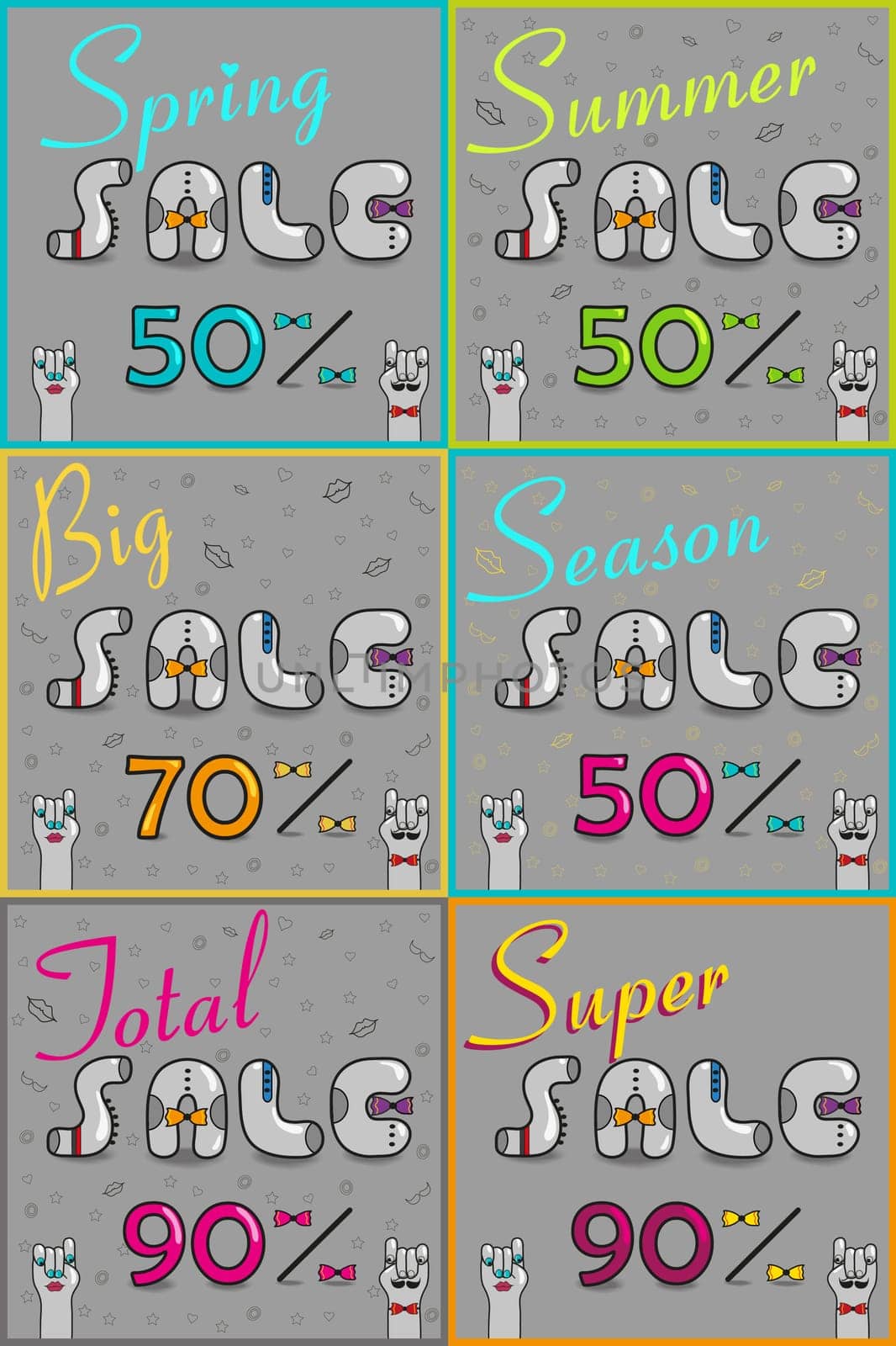 Cards with inscriptions for retail. Vintage font. Spring sale. Big sale. Total sale. Super sale. Gray retro letters with colorful ties. Pink numerals. Cartoon hipster hands. illustration