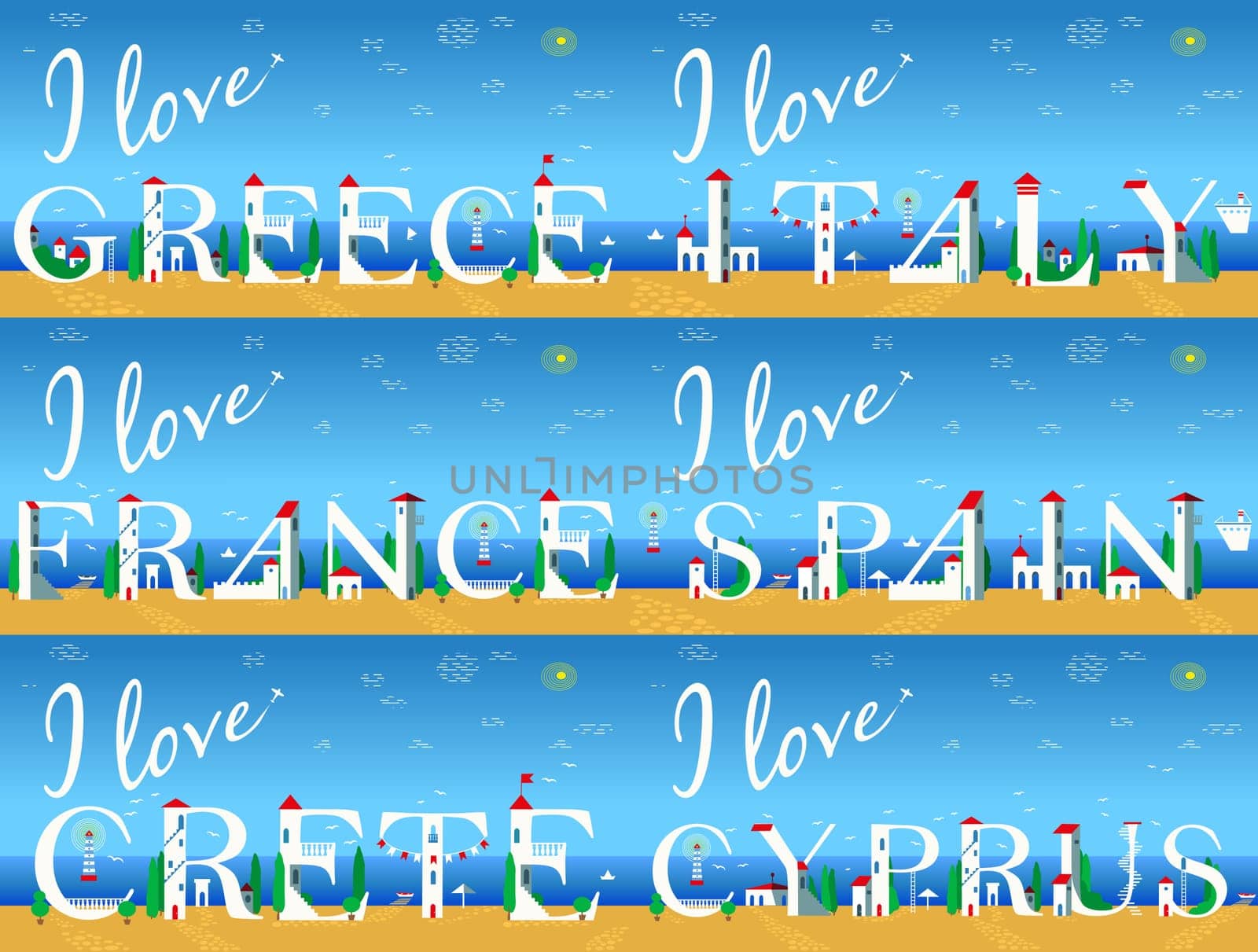 Travel cards. Artistic font. Summer beach. I love Italy. . Greece. Spain. France. Crete. Cyprus. Cute white houses on the coast. Plane in the sky. Illustration