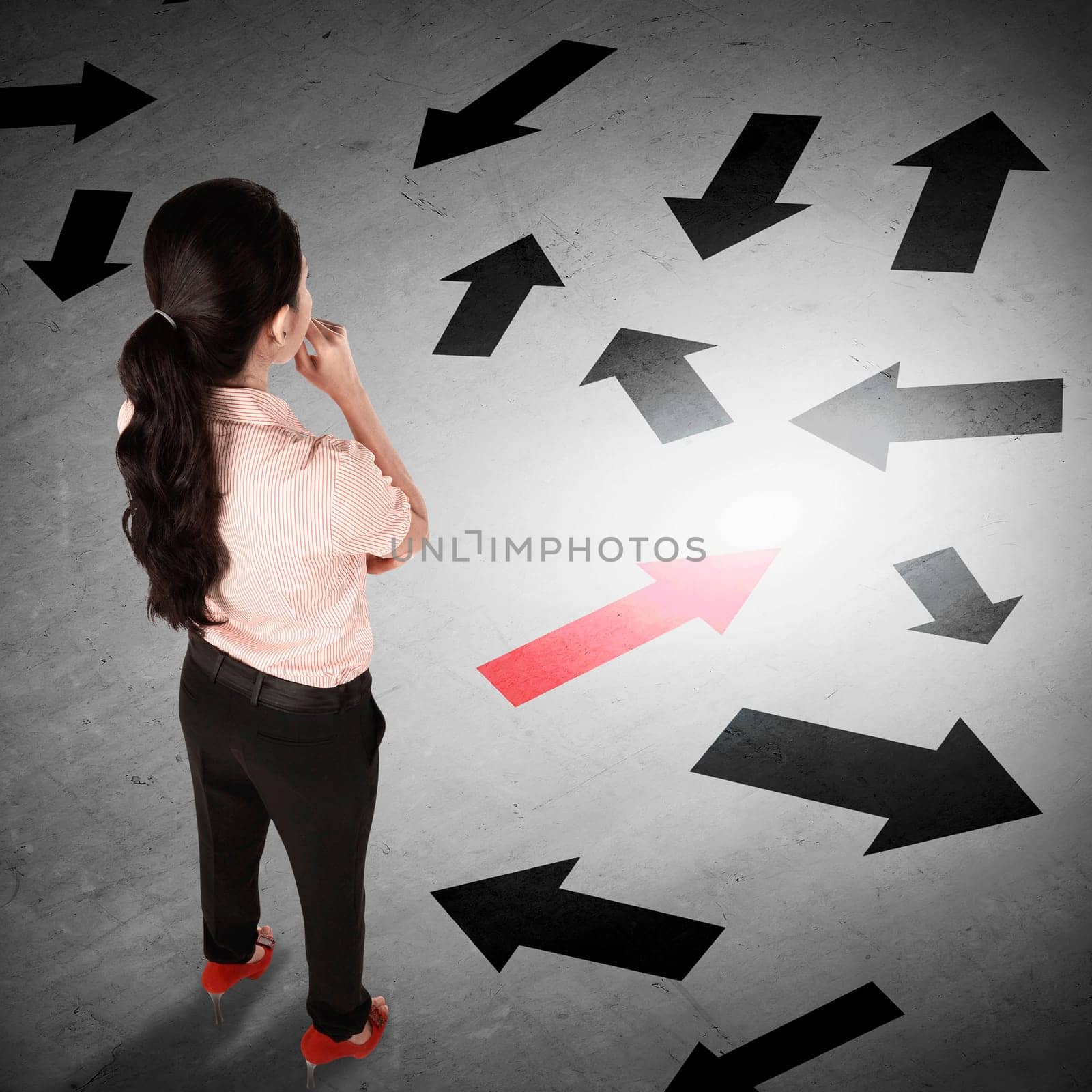 Asian business woman thinking about option to make on the floor