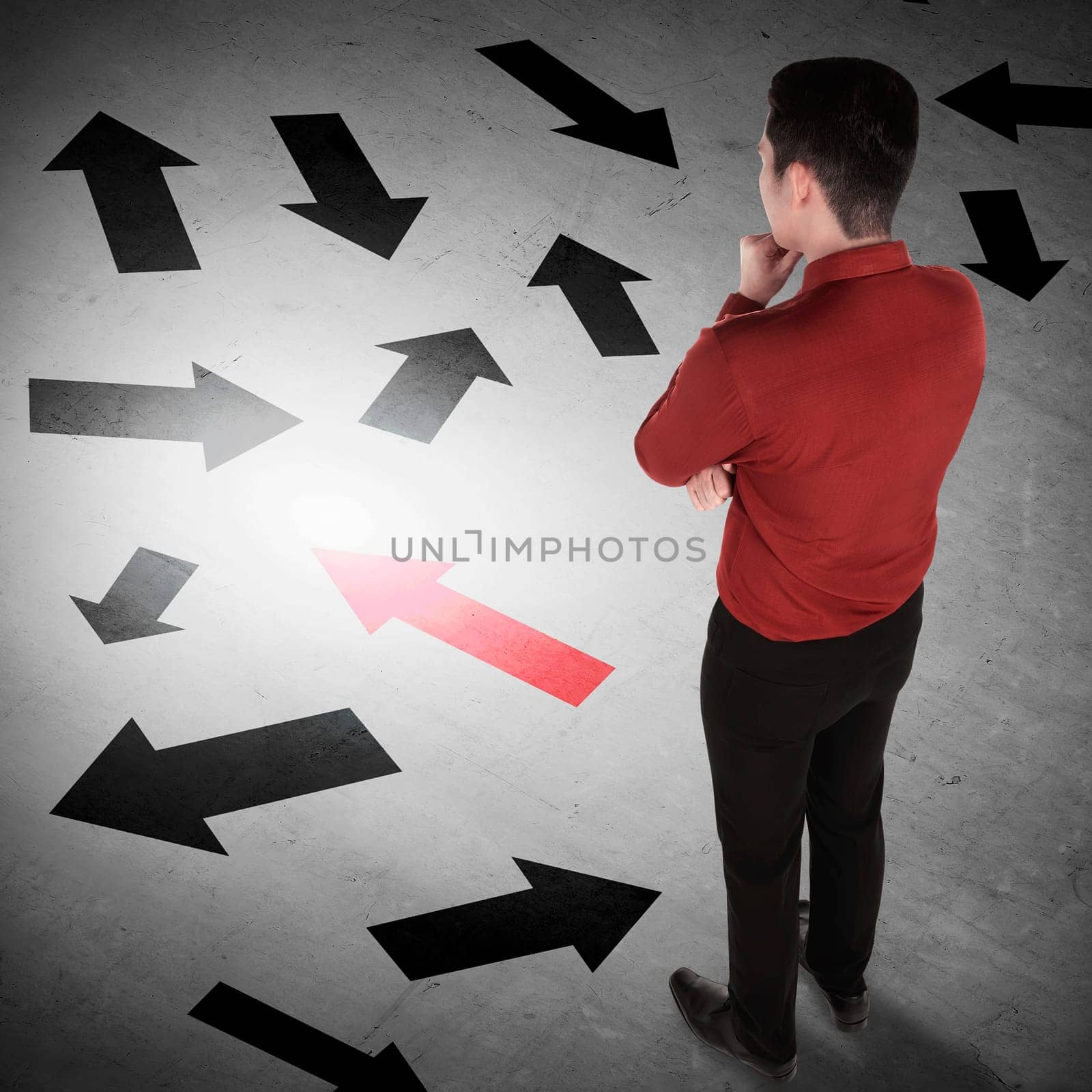 Asian business man thinking about option to make on the floor
