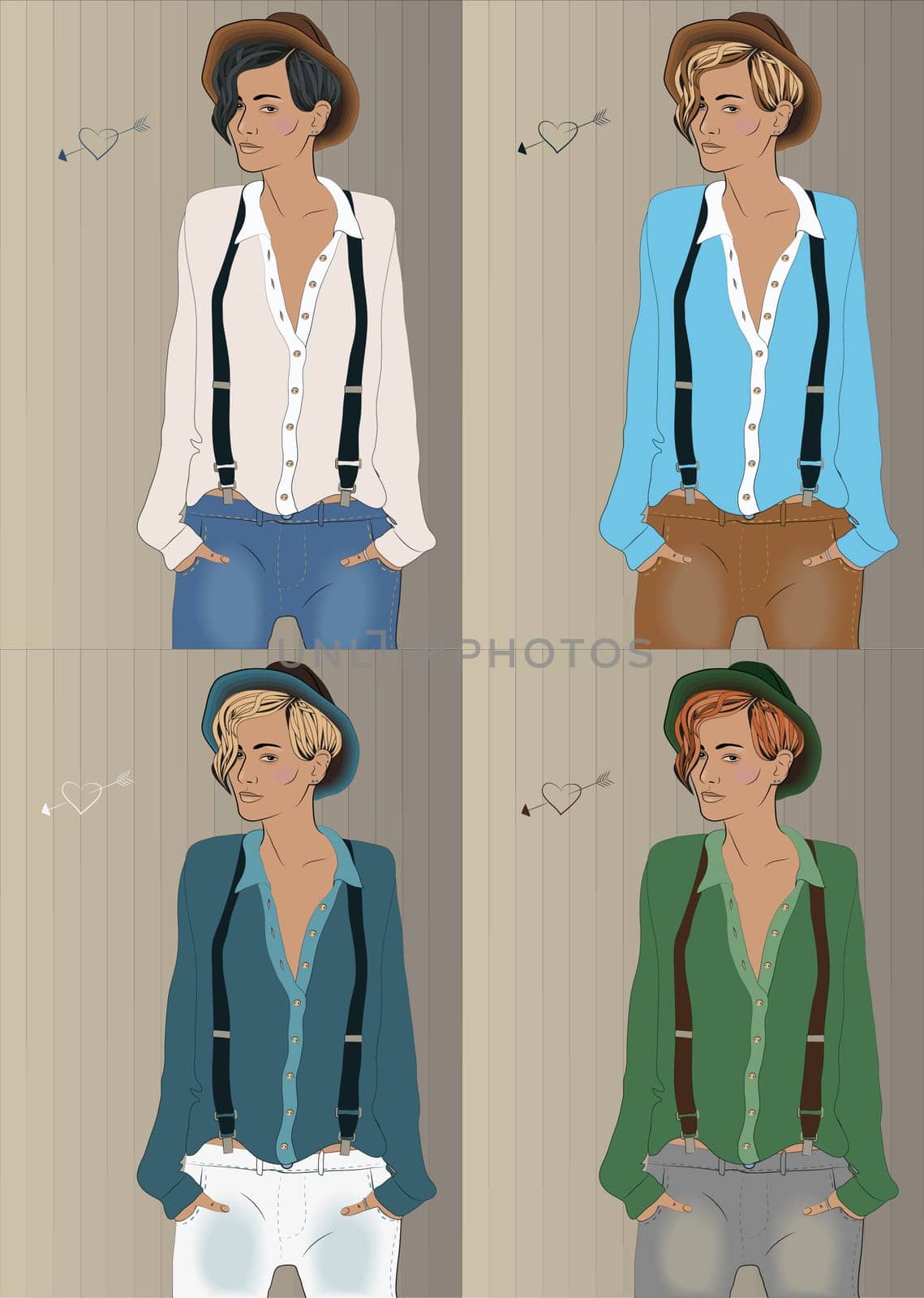 Girls with colorful shirts and hats. Hipster look. illustration