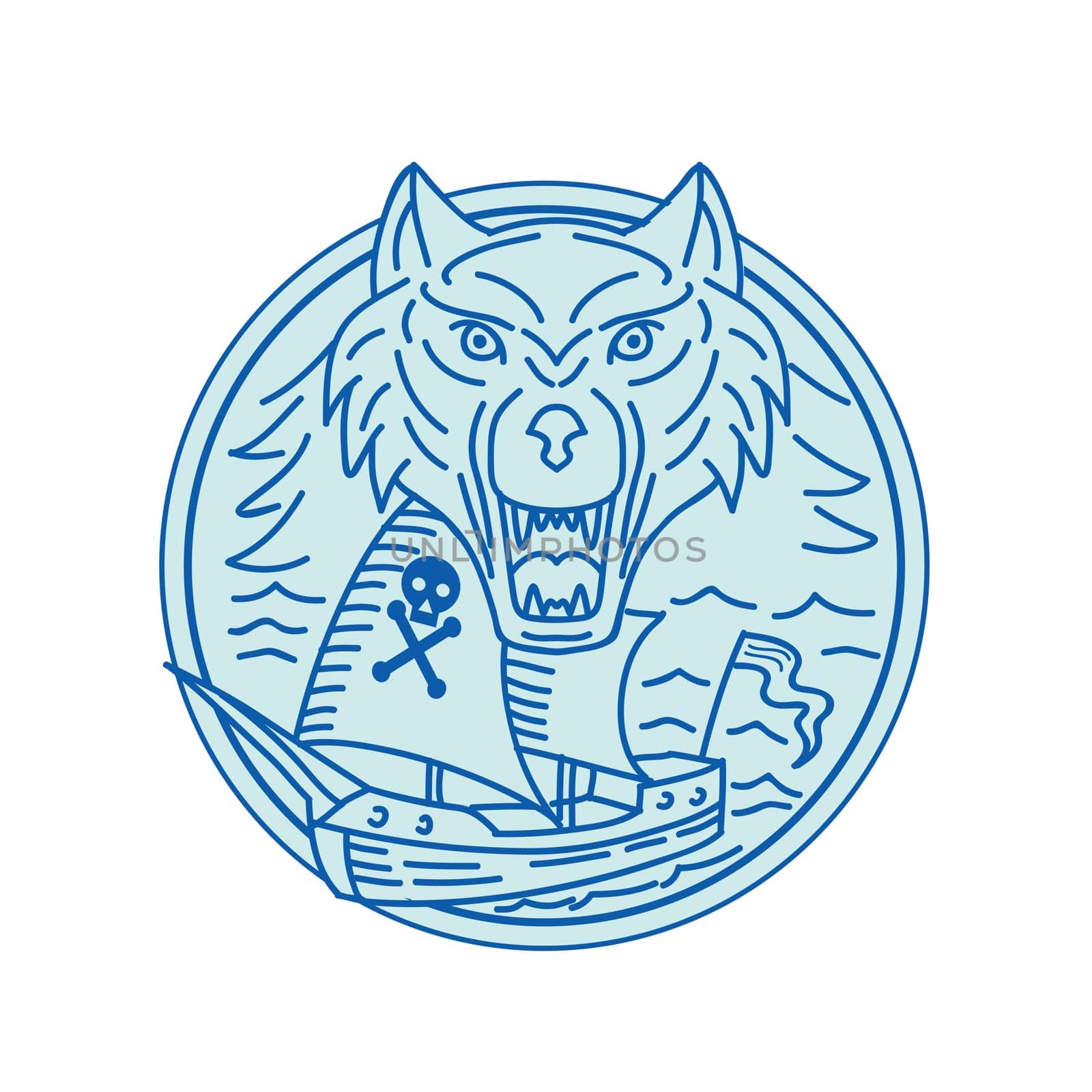 Mono line style illustration of a seawolf and pirate ship viewed from front set inside circle.