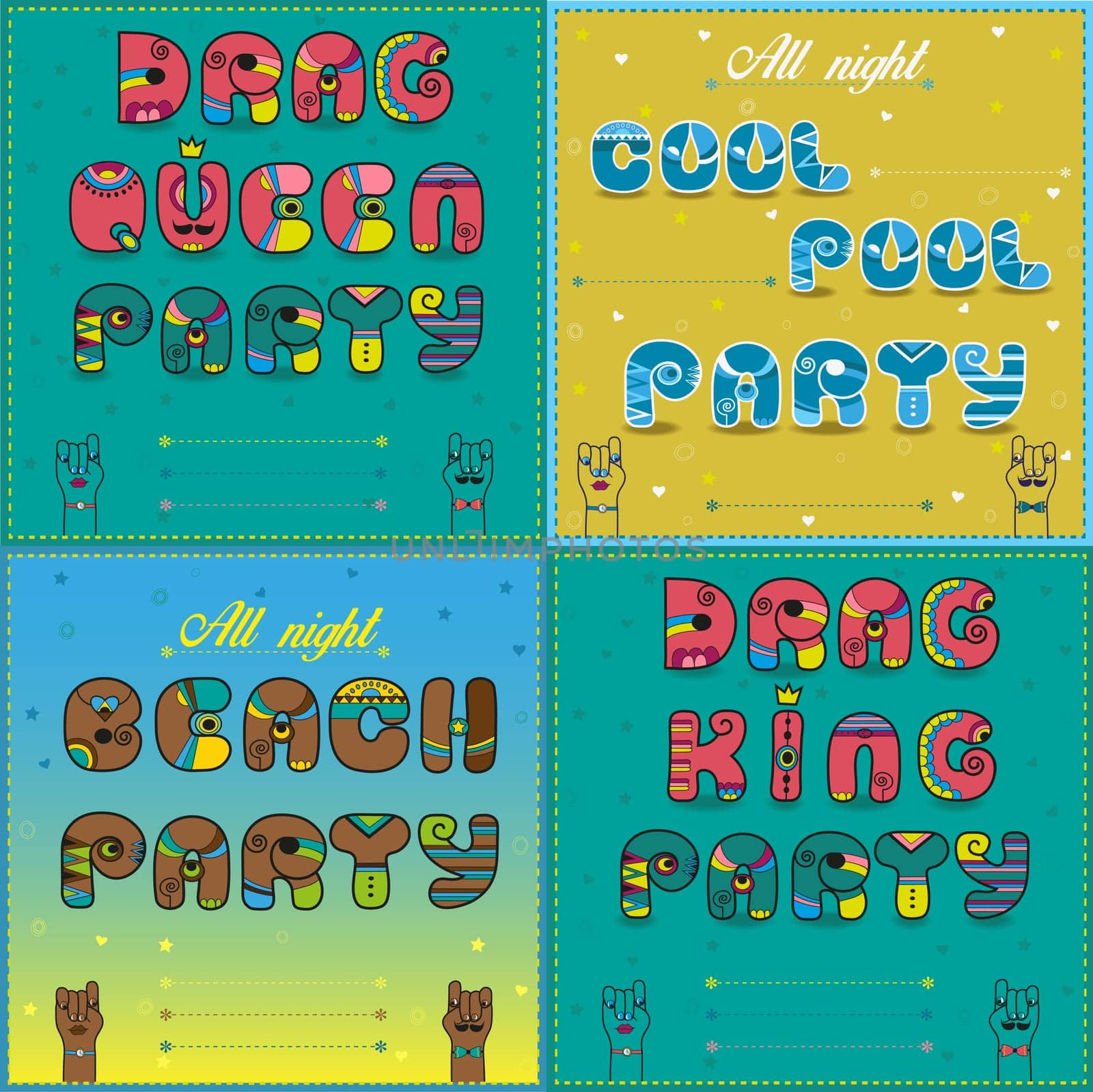 Invitations to party. Vintage artistic font. Drag Queen party. Drag king party. Beach party.Cool pool party. Cartoon hands looking at each other. Place for custom text. Illustration