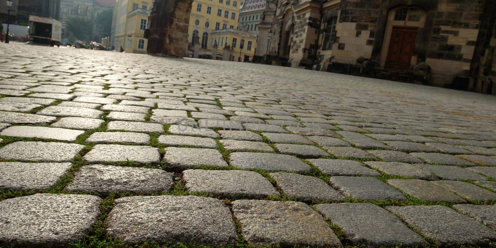 Cobblestones on the Neumarkt with Frauenkirche in Dresden in the backlight