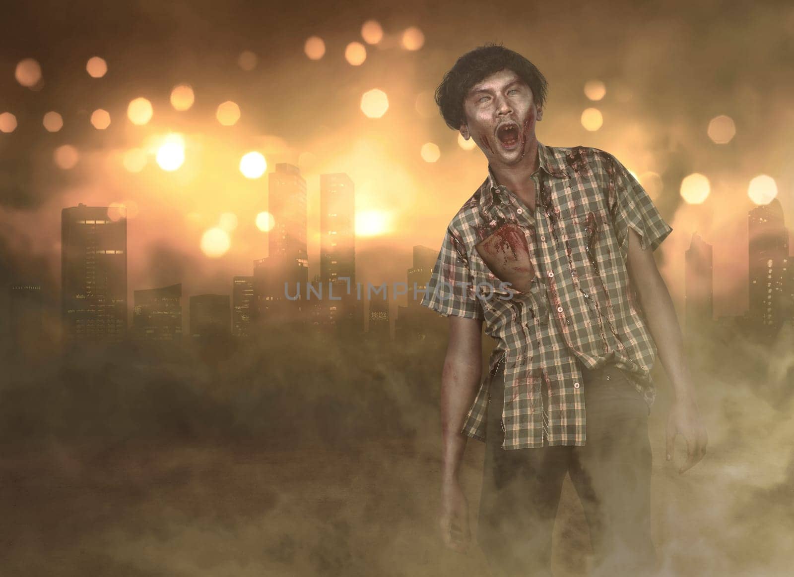Horrible asian zombie man with wounded in the body standing on the burning city