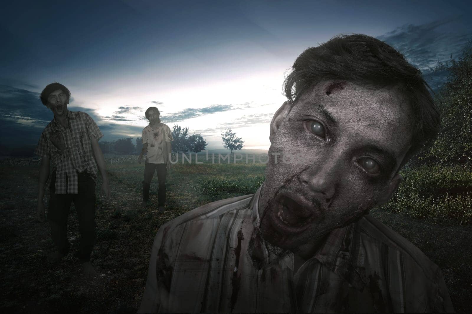 Crowd of aggressive asian zombies walking around on the spooky countryside