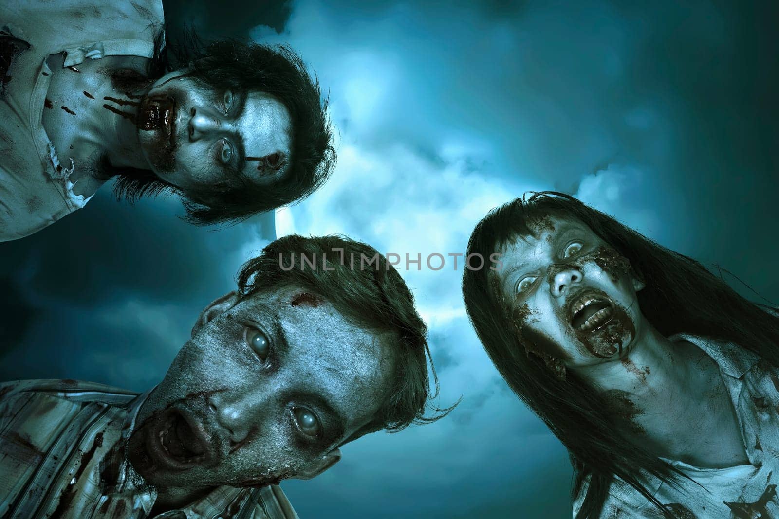 Portrait group of asian bloody zombies with wounded face over full moon background