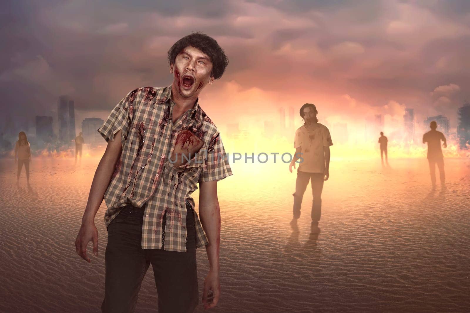 Crowd of aggressive asian zombies with blood walking on the burned city