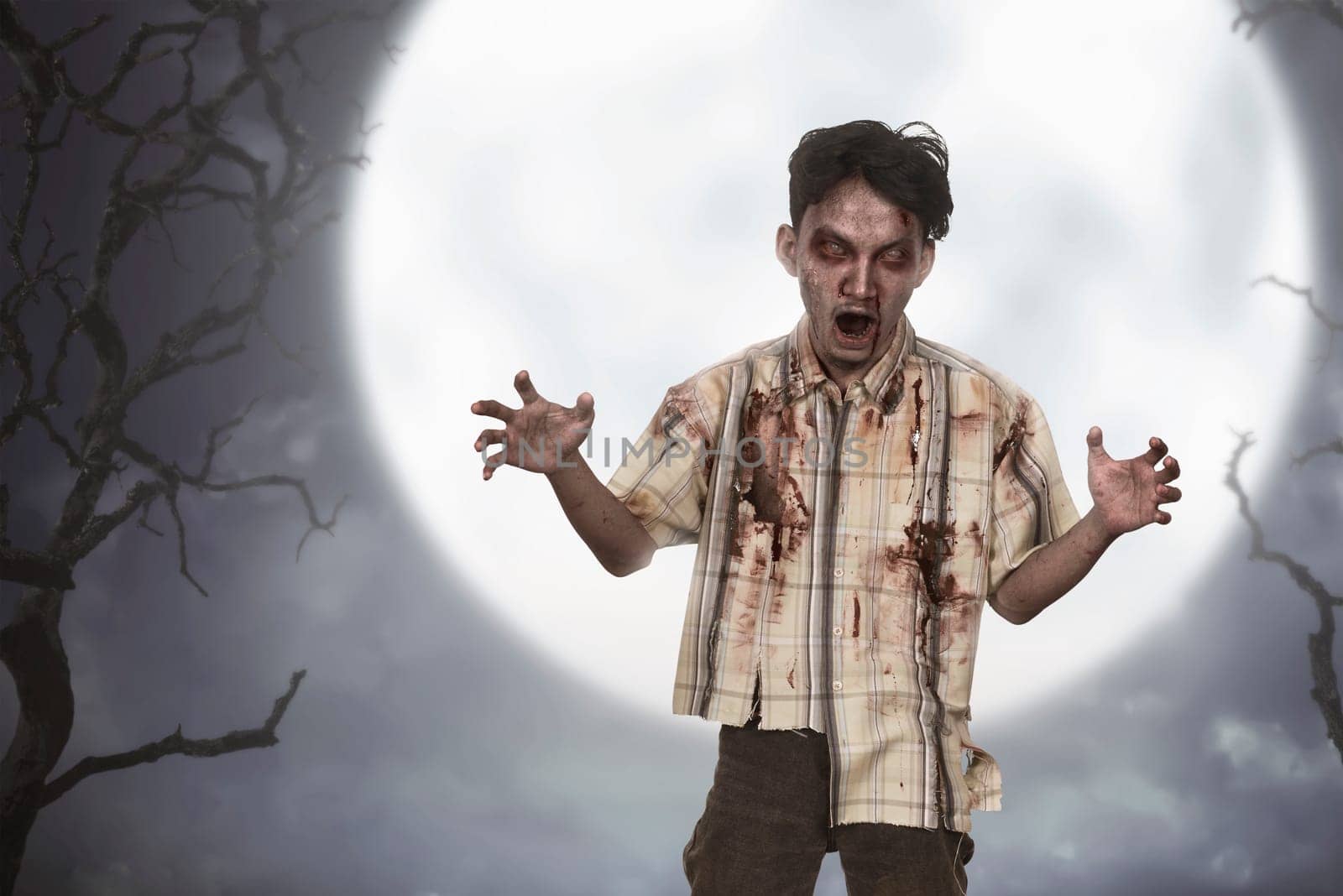Portrait of asian zombie man with blood standing over full moon background