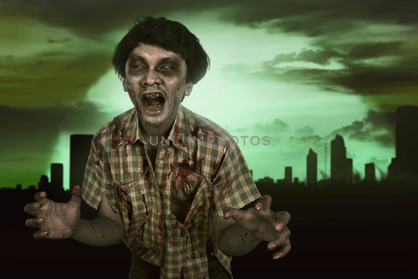 Horrible asian zombie man with wound in the body standing on the dark city