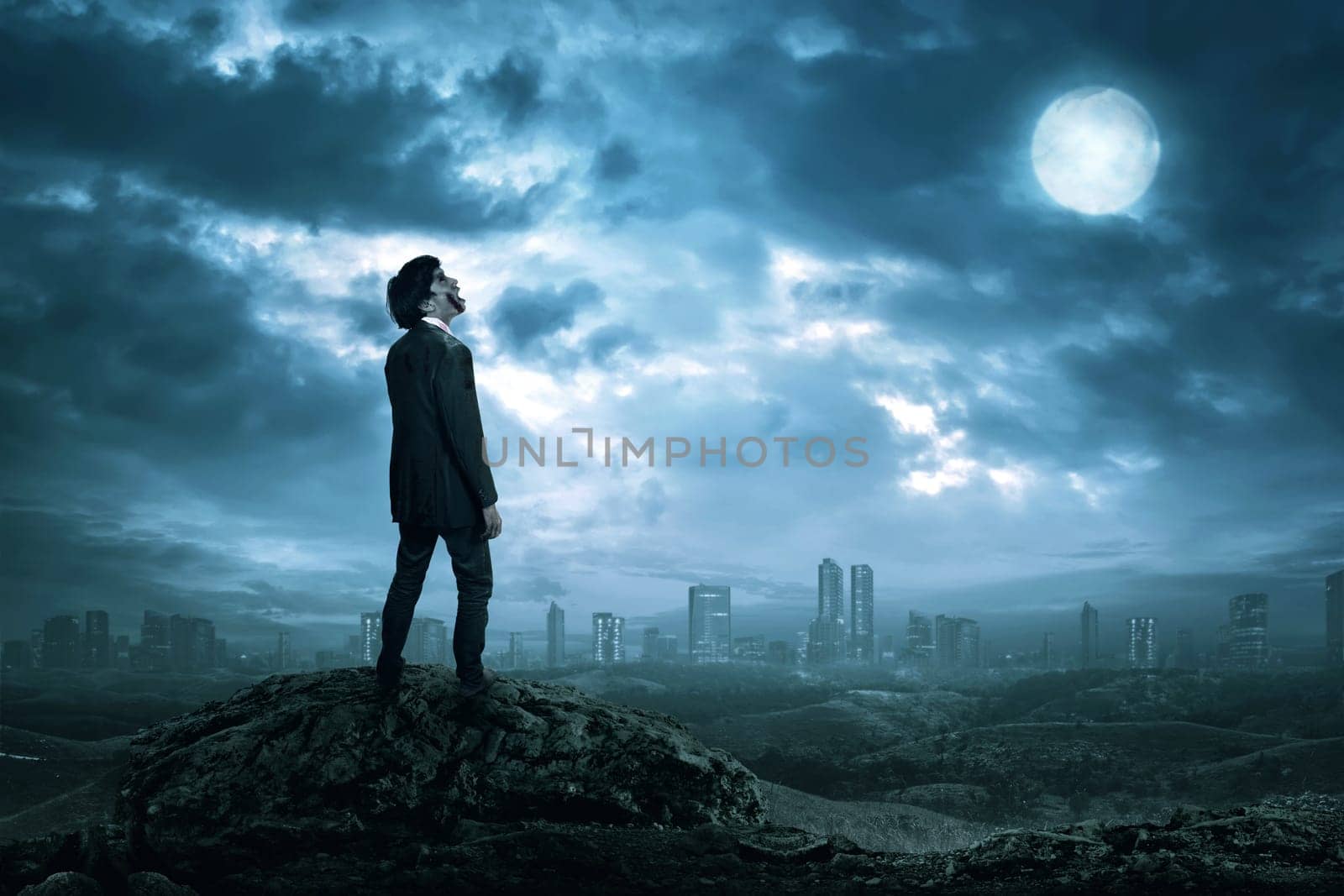 Scary asian zombie man with wounded face standing at moonlight