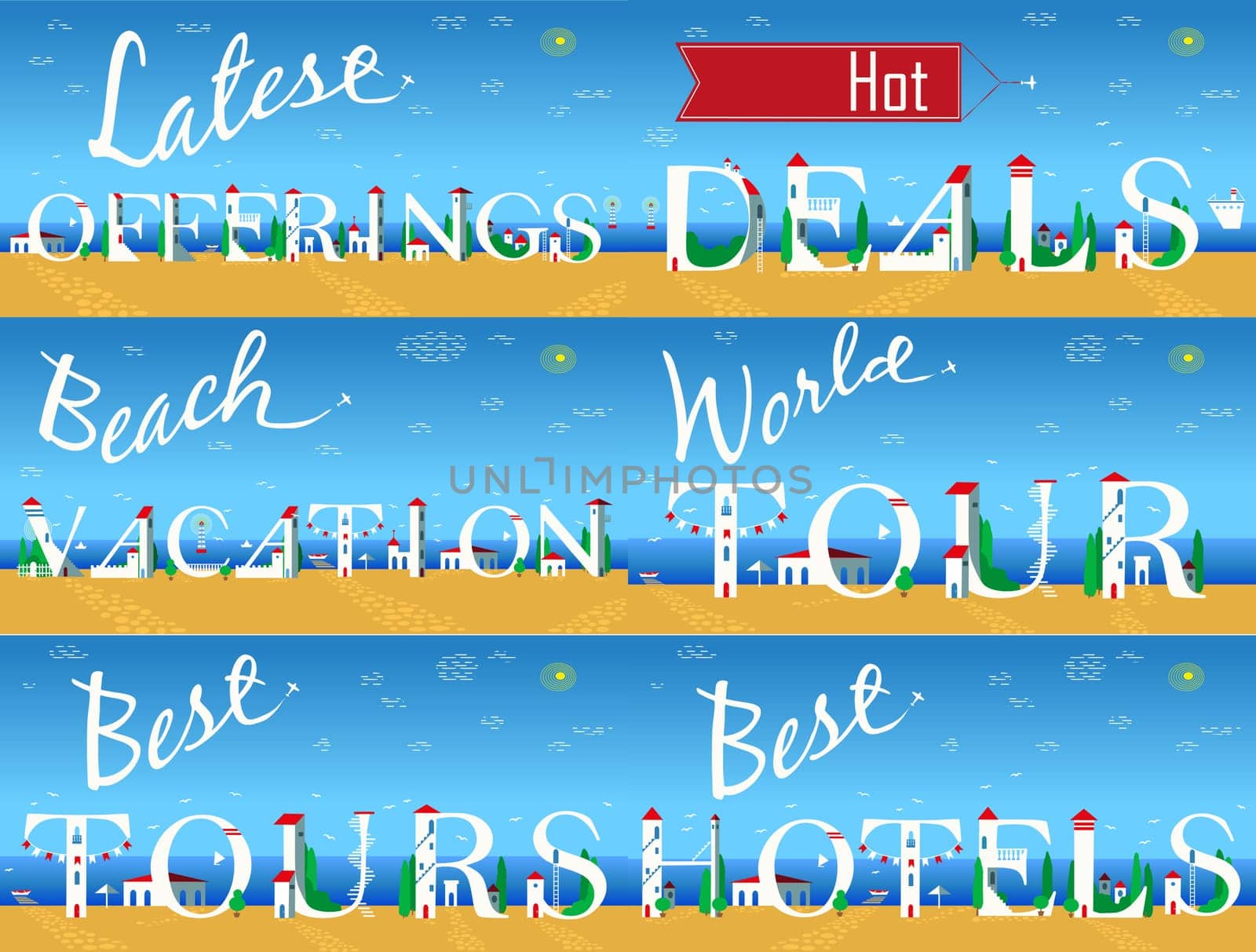 Cards for travel business. Artistic font. Latest offerings. Hot deals. Best vacation. World tour. Best tours. Best hotels. White houses on the summer beach. Plane in the sky. Illustration.