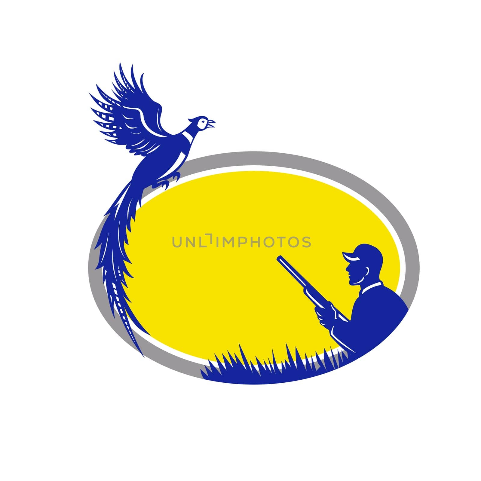 Illustration of a wild game bird Hunter with rifle shotgun and Pheasant Bird flying up set inside Oval shape done in Retro style.