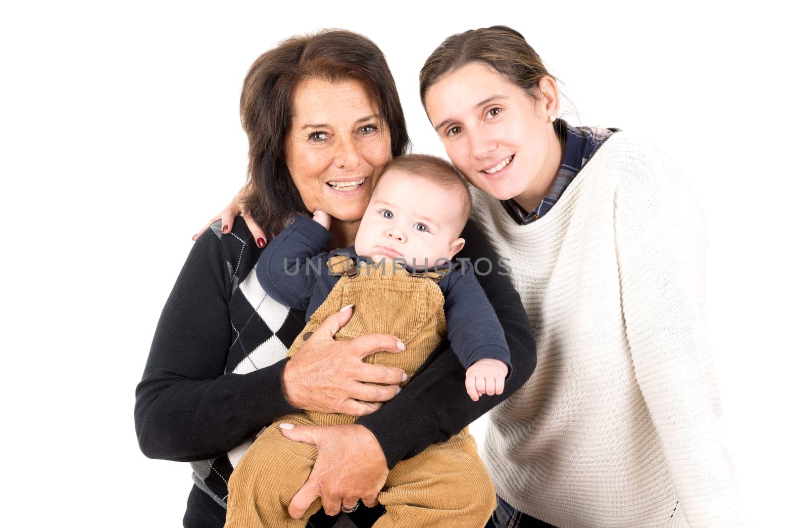 Beautiful family of grandmother, mother and baby isolated in white