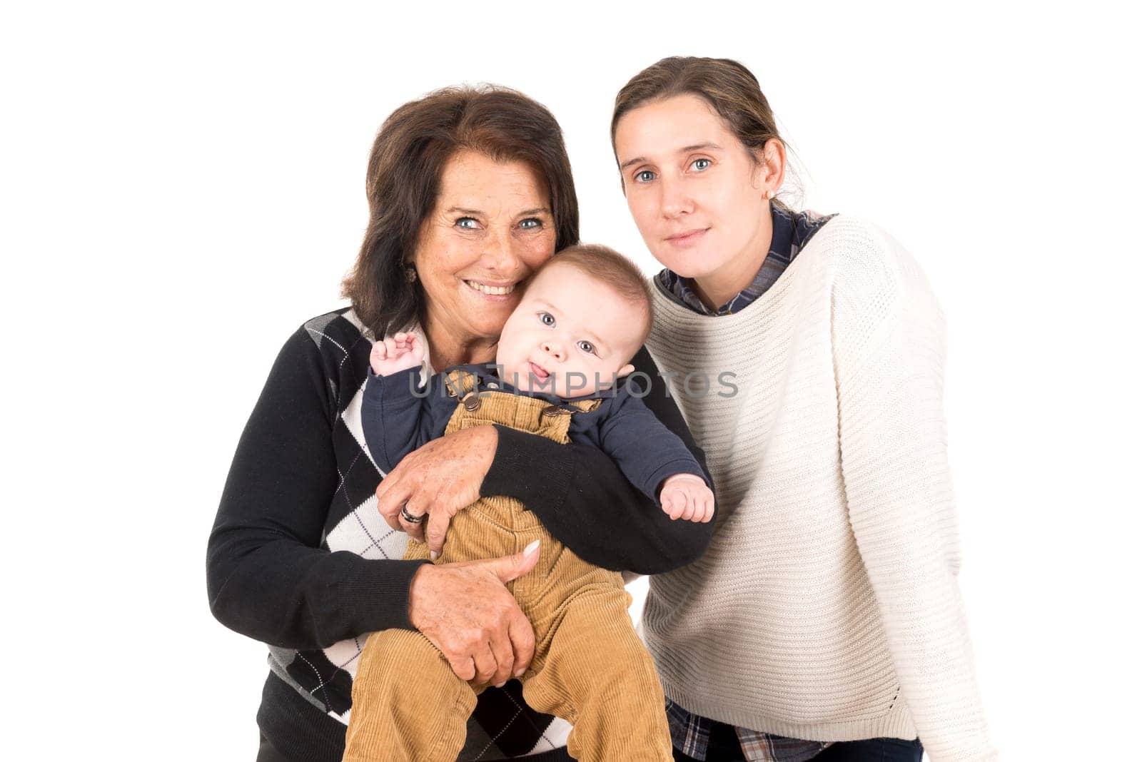 Beautiful family of grandmother, mother and baby isolated in white