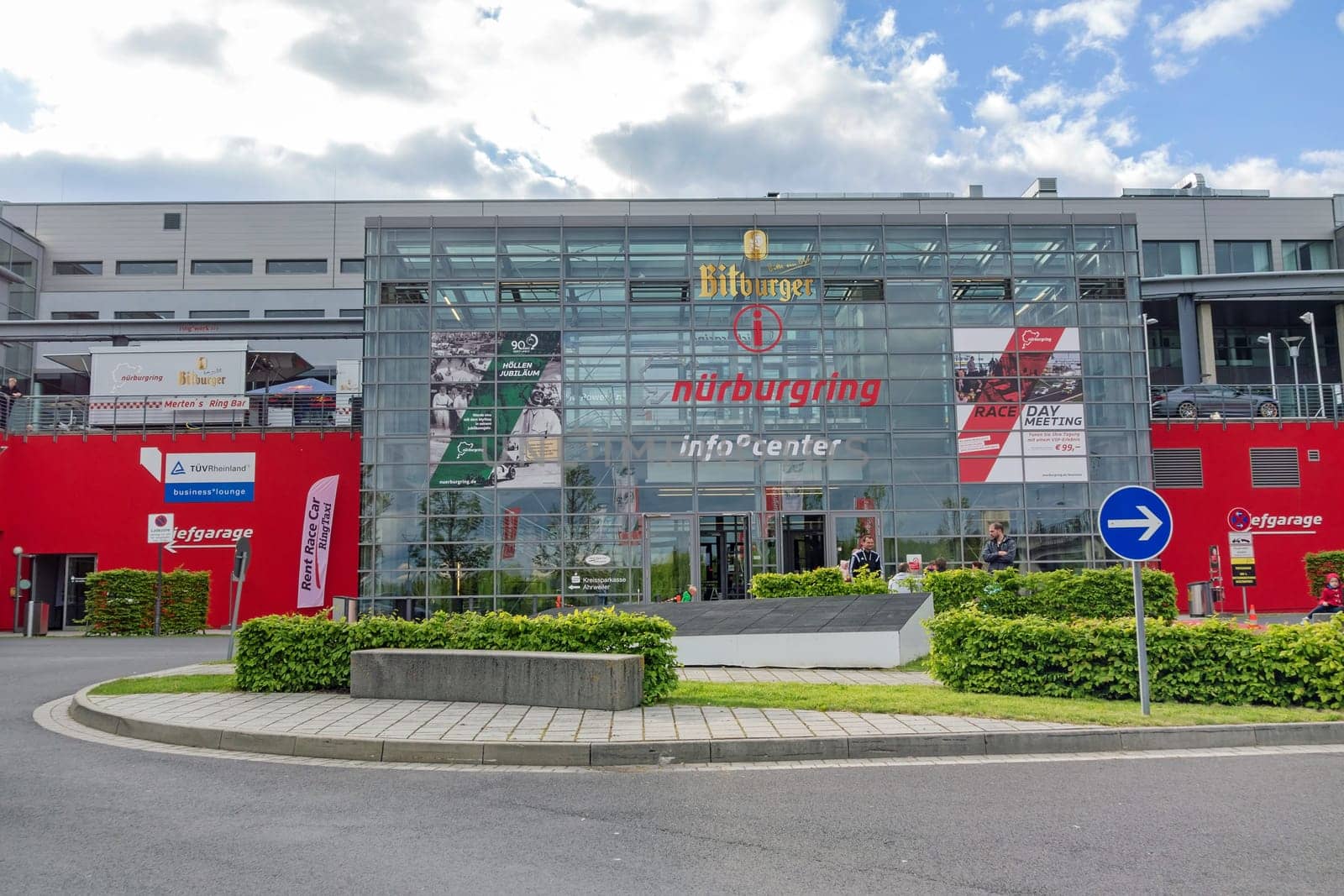 Nurburg, Germany - May 20, 2017: Race track Nurburgring - info center, entrance - modern glass facade building