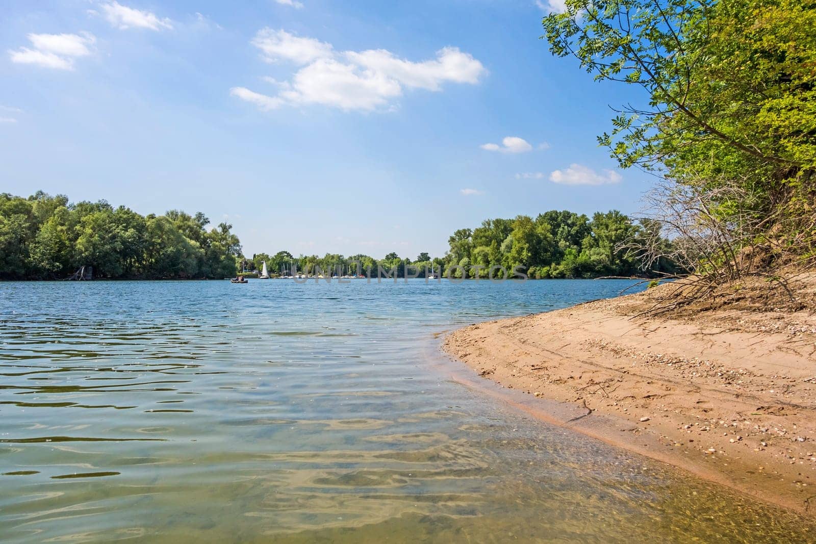 Kollerinsel Bruehl, view towards town Otterstadt, sandy beach aside