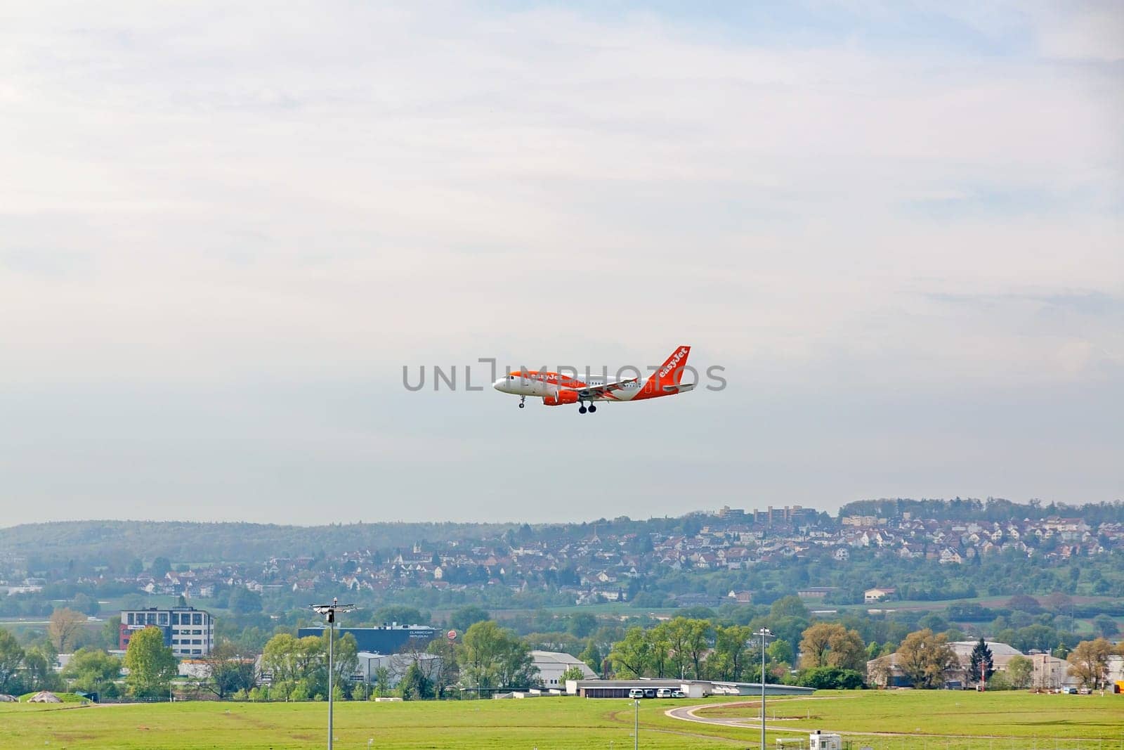Stuttgart, Germany - May 06, 2017: Airbus airplane during landing at airport Stuttgart, Germany