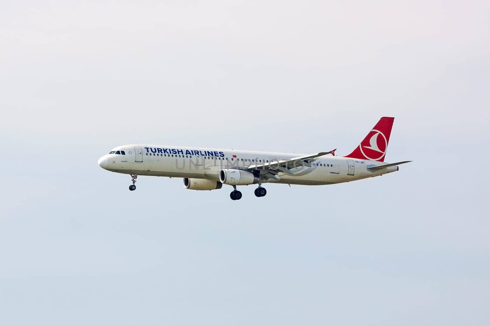 Stuttgart, Germany - May 06, 2017: Turkish Airlines Airbus A321 airplane during landing at airport Stuttgart