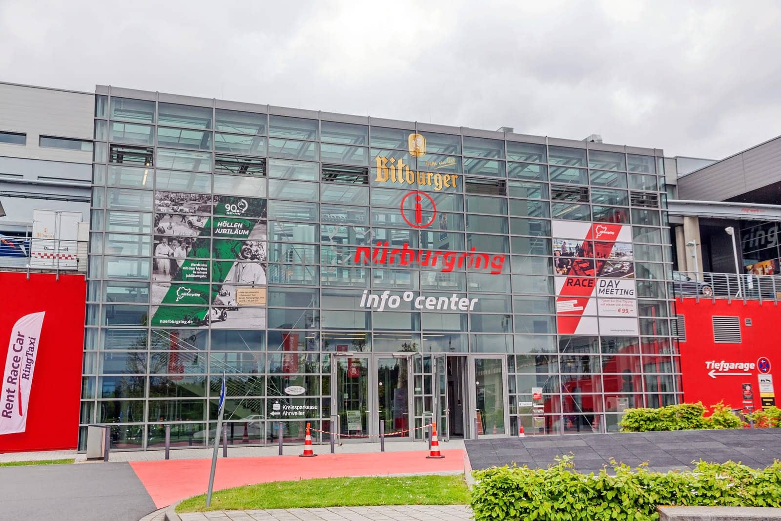 Nurburg, Germany - May 20, 2017: Race track Nurburgring - info center, entrance - modern glass facade building