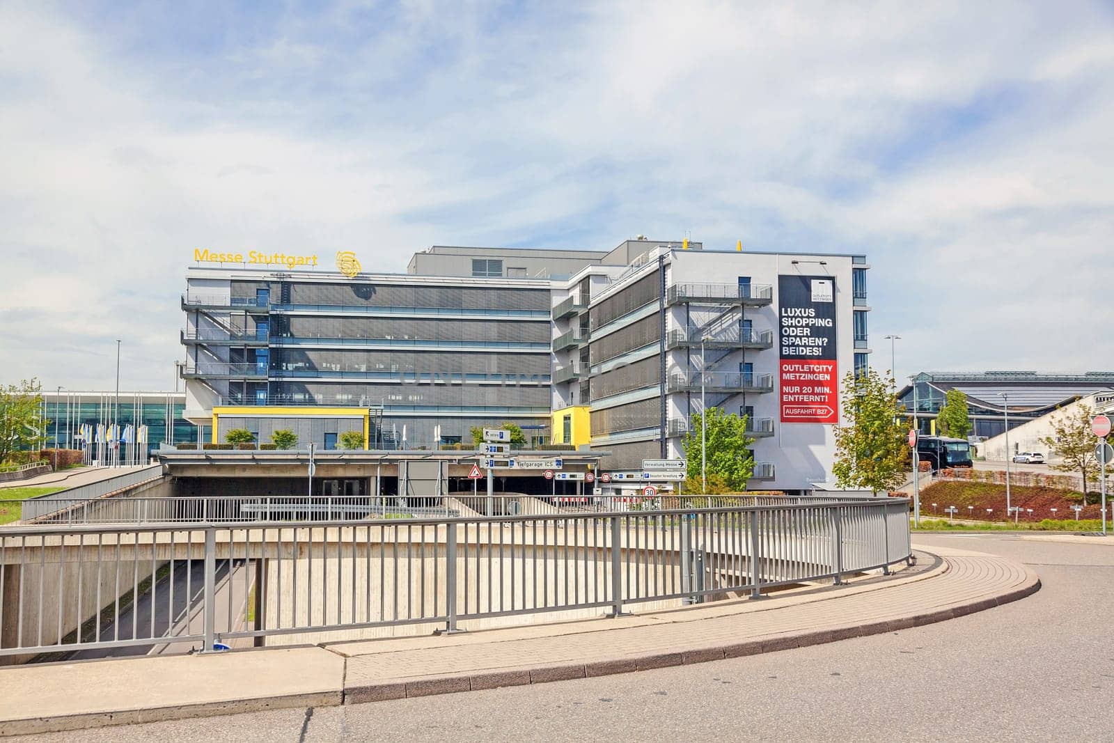Stuttgart, Germany - May 06, 2017: Trade fair Stuttgart - main building with logo