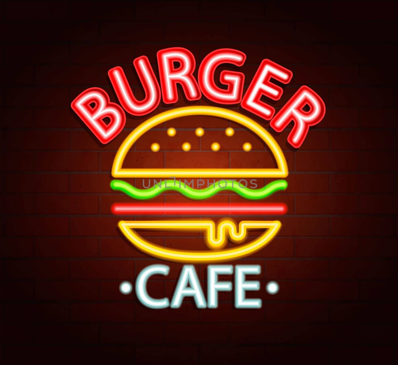 Neon sign of burger cafe, bright signboard, light banner. Burger cafe logo, emblem and symbol. Vector illustration.