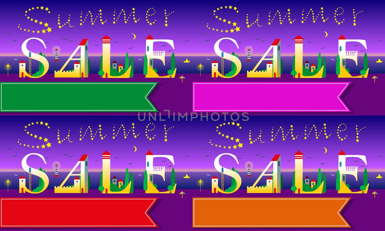 Cards with texts for retail. Night beach. Summer sale. White houses on the coastline. Stars in the sky. Banners for custom text. illustration