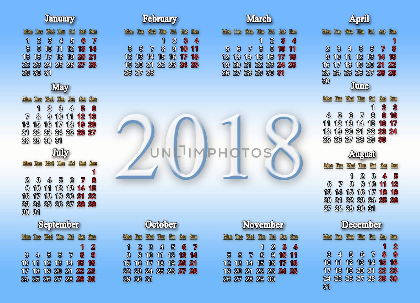 calendar for 2018 on the white and light blue gradient background
