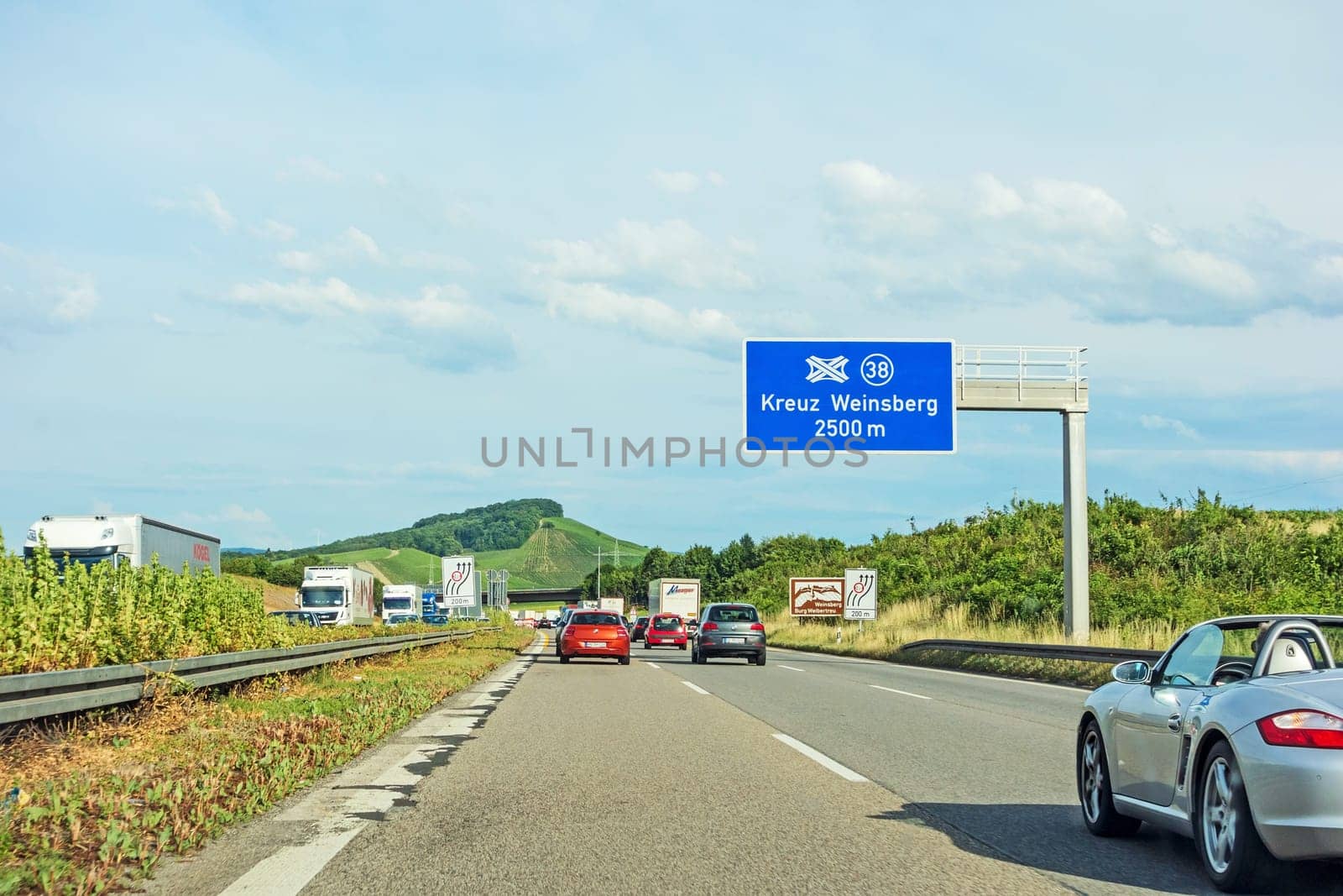 Weinsberg, Germany - June 28, 2017: Highway A6 (Autobahn) near town Weinsberg, interchange "Kreuz Weinsberg"""