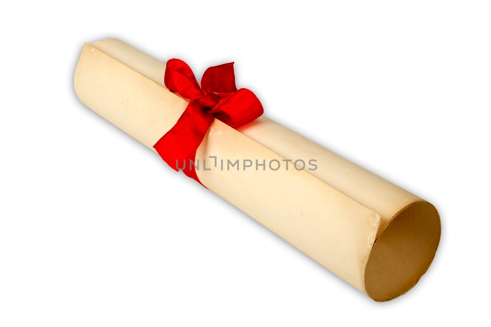 Rolled paper document with red gift ribbon cropped on white background