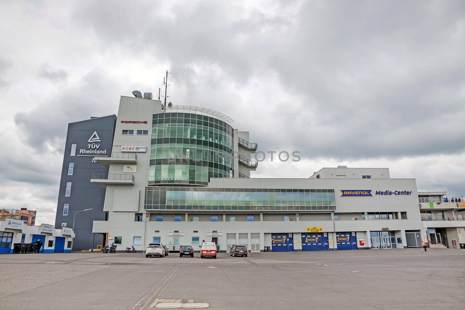 Nurburg, Germany - May 20, 2017: Media center and TUV Tower at race track Nurburgring - view from pit lane.
