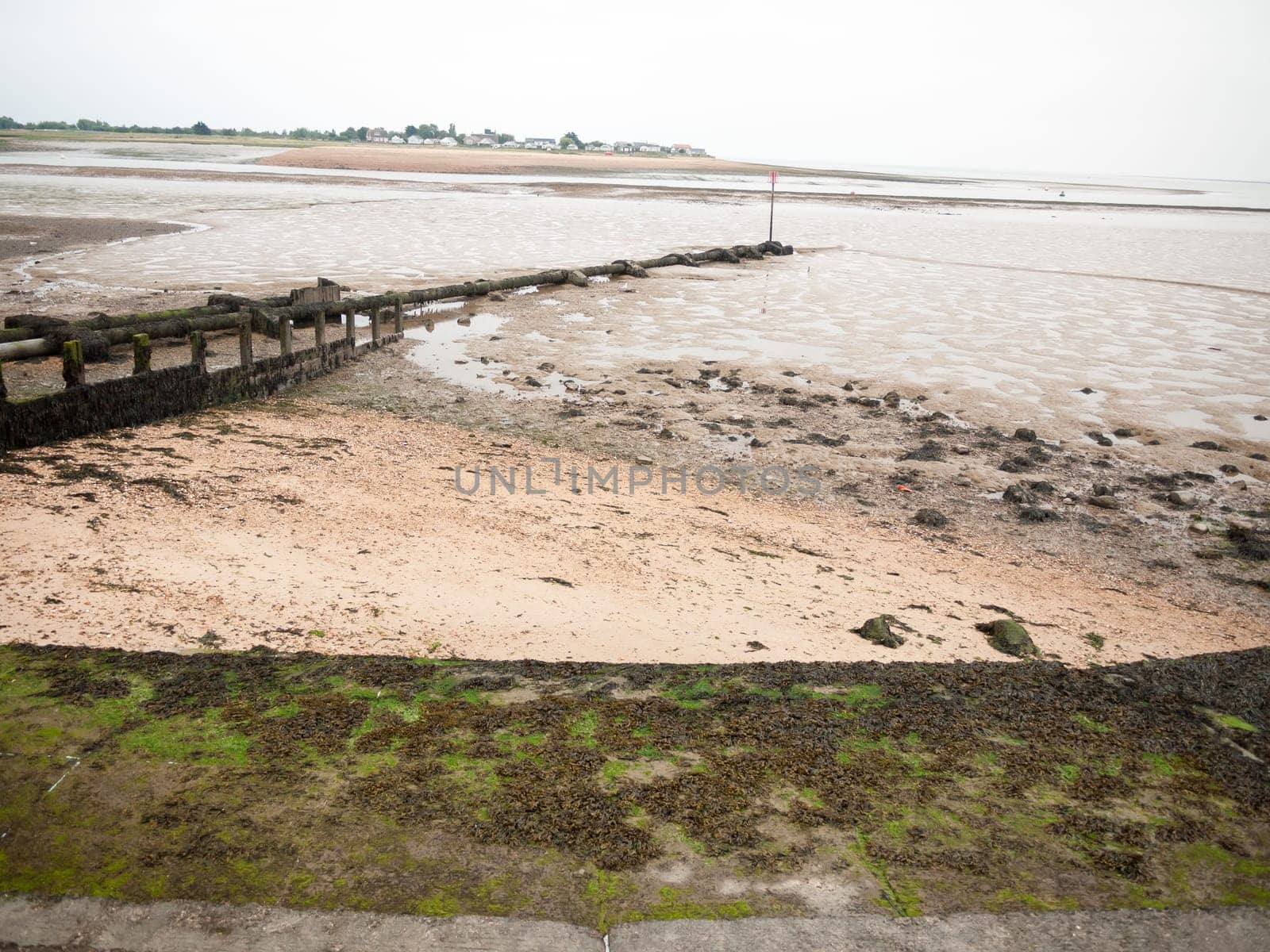 curved seaside scene pipe groyne beach seaweed pebbles  England  UK