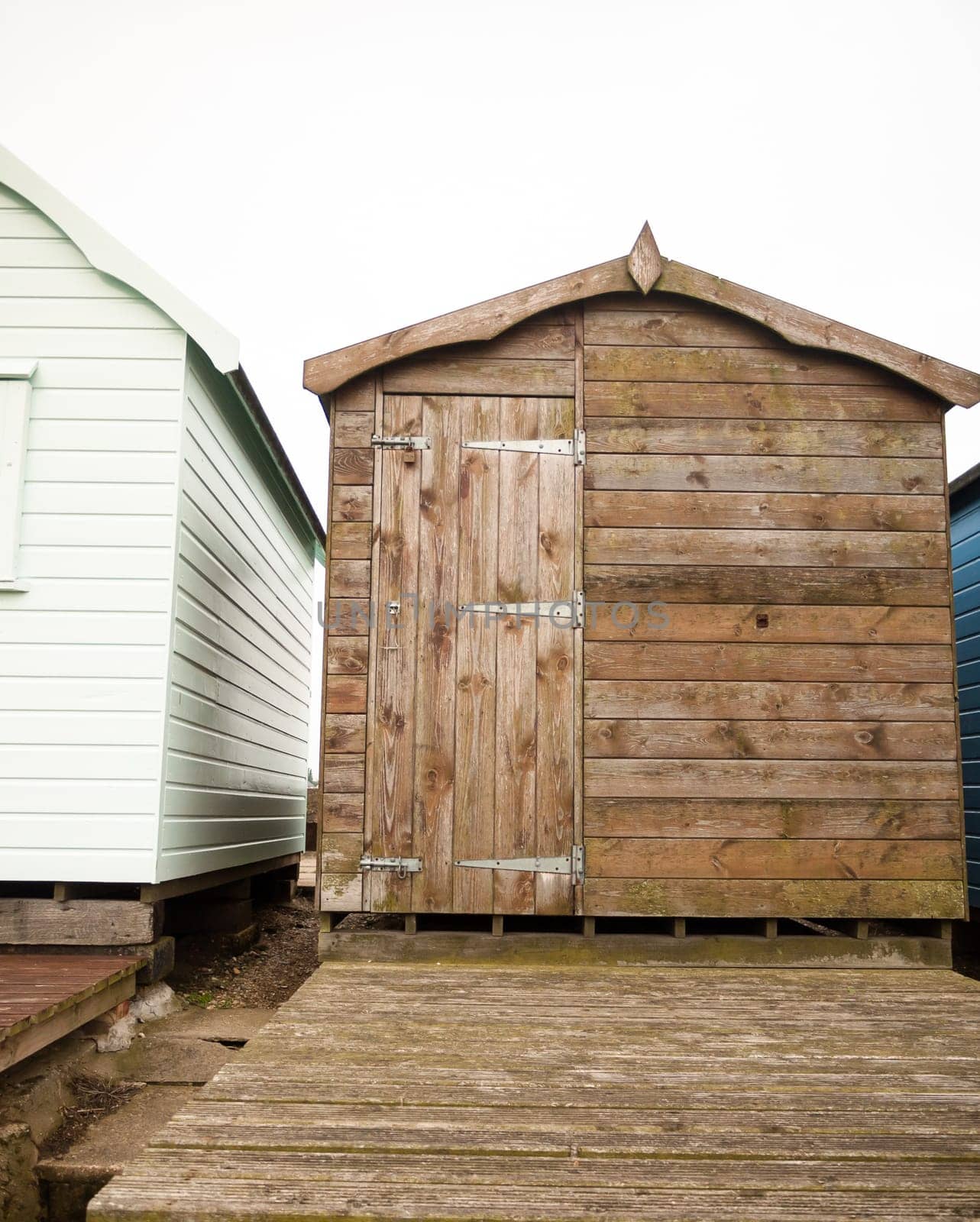 close up of wooden hut door at beach old rustic interesting  England  UK