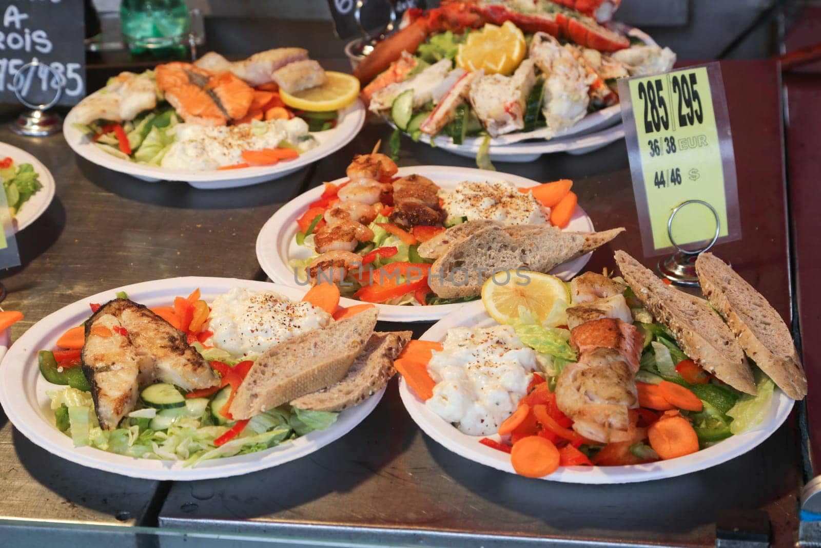Various seafood on the shelves of the fish market in Norway, Bergen