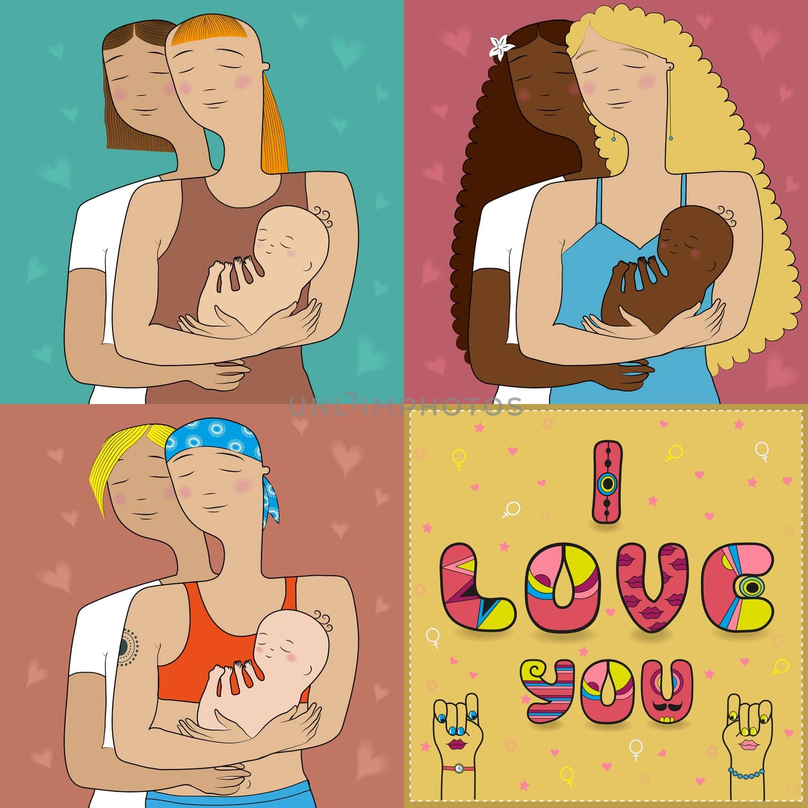 Lesbian mothers with child. Two happy moms. Gay family. Card with text I love you. illustration